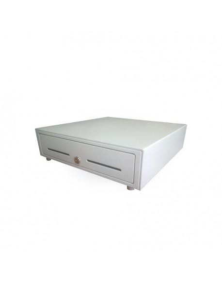 Cajón portamonedas automático 41x41 cm, 4 compartimentos para billetes, 8 gavetas para monedas, RJ12, 24V, blanco